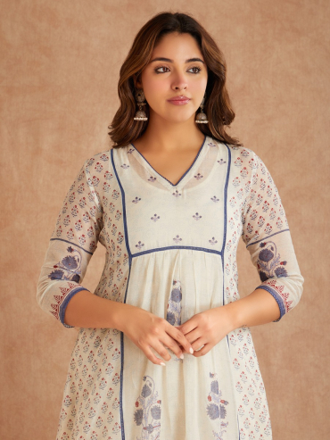 Off-White Blue Chanderi Silk Hand Block Printed V-Neck Kurta with Pants - Set of 2