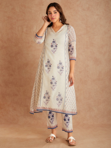 Off-White Blue Chanderi Silk Hand Block Printed V-Neck Kurta with Pants - Set of 2