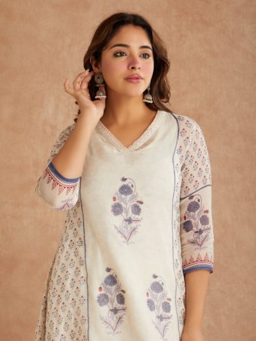 Off-White Blue Chanderi Silk Hand Block Printed V-Neck Kurta with Pants - Set of 2
