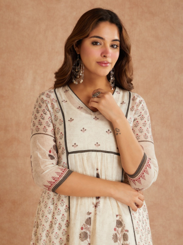 Off-White Grey Chanderi Silk Hand Block Printed V-Neck Kurta with Pants - Set of 2