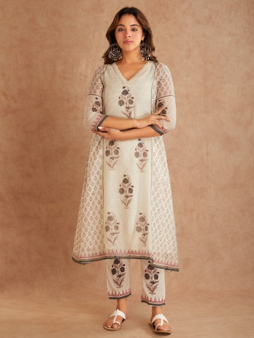 Off-White Grey Chanderi Silk Hand Block Printed V-Neck Kurta with Pants - Set of 2