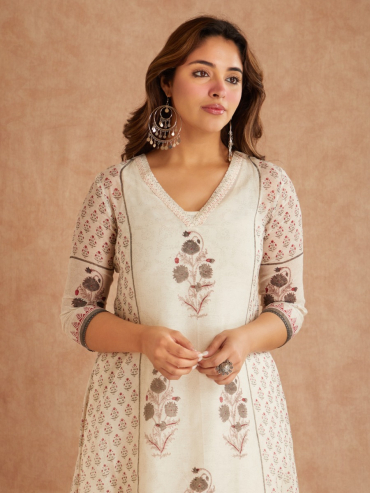 Off-White Grey Chanderi Silk Hand Block Printed V-Neck Kurta with Pants - Set of 2