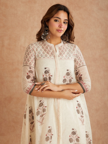 Off-White Grey Chanderi Silk Hand Block Printed Round Neck Kurta with Pants - Set of 2