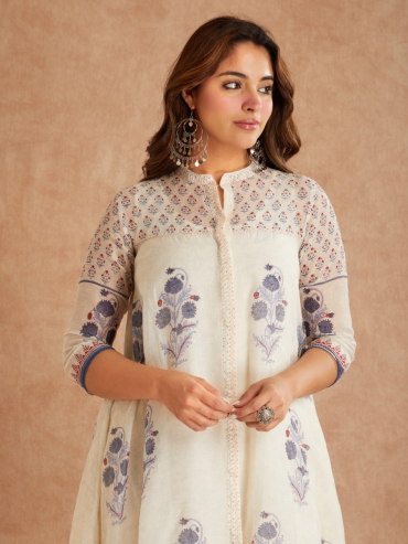 Off-White Blue Chanderi Silk Hand Block Printed Round Neck Kurta with Pants - Set of 2