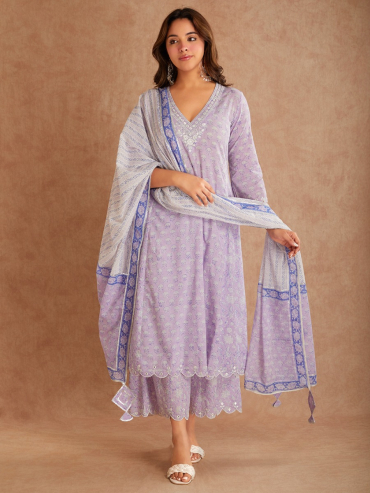 Lilac Hand Block Print Cotton Dupatta with Gota Details