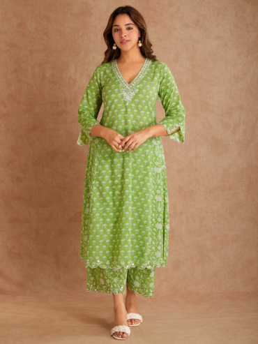 Lime Green Mirror Embroidered & Hand Block Printed Cotton V-Neck Kurta with Palazzo - Set of 2