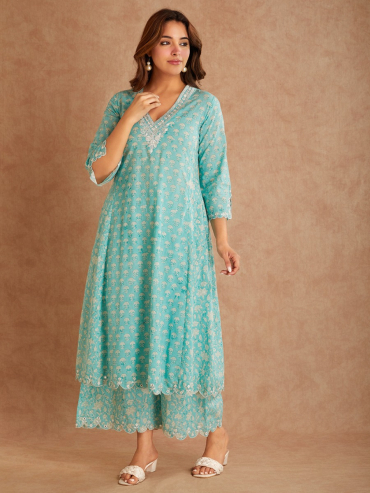 Light Green Mirror Embroidered & Hand Block Printed Cotton V-Neck Kurta with Palazzo - Set of 2