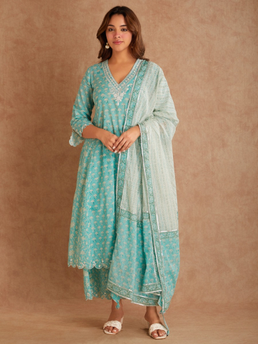 Light Green Hand Block Print Cotton Dupatta with Gota Details