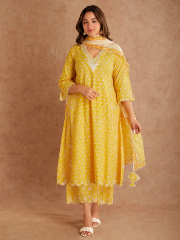 Yellow Hand Block Print Cotton Dupatta with Gota Details