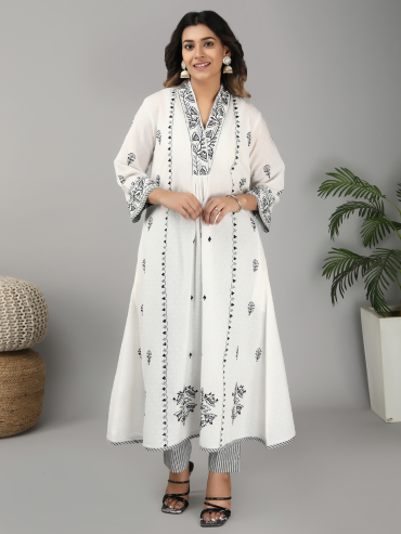 V-Neck Off-White Grey Cotton Dobby Kurta, Pant & Dupatta Set of 3