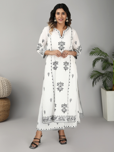 Off-White Cotton Dobby Kurta with Round Neck & Grey Aari Embroidery, Palazzo & Dupatta Set of 3