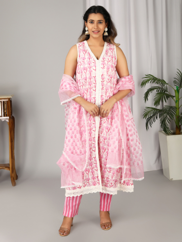 Off-White Pink Hand Block Printed V-Neck, Sleeve Less Kurta, Pant & Dupatta Set of 3
