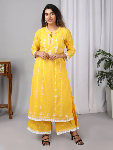 Yellow Aari Embroidery Round Neck Cotton kurta , Palazzo & Dupatta Set of 3