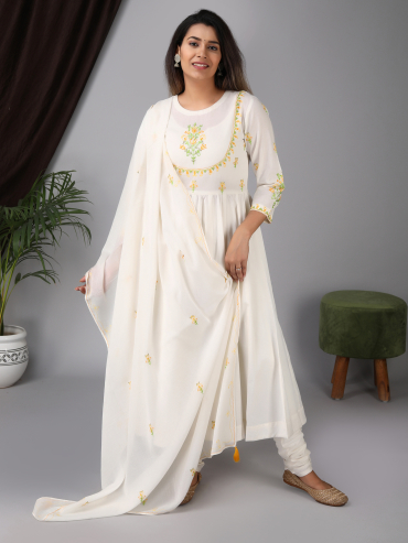 Cotton Dupatta with Yellow Aari Embroidery