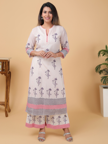 Purple-Pink Hand Block Printed Round Neck, Front Slit Cotton Kurta , Palazzo & Dupatta Set of 3