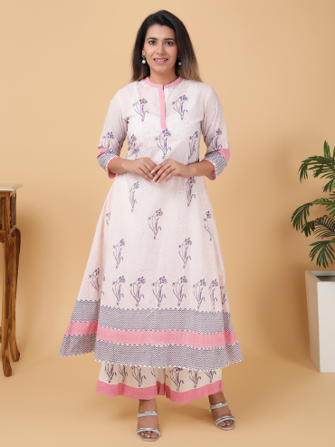 Pink-Purple Hand Block Printed Collar Placket Cotton Kurta , Palazzo & Dupatta Set of 3