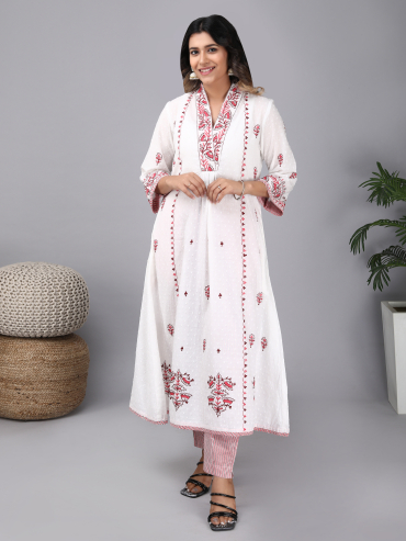 V-Neck Off-White Red Cotton Dobby Kurta, Pant & Dupatta Set of 3