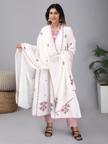 V-Neck Off-White Red Cotton Dobby Kurta, Pant & Dupatta Set of 3