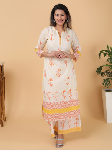 Orange-Yellow Hand Block Printed Round Neck, Front Slit Cotton Kurta , Palazzo & Dupatta Set of 3