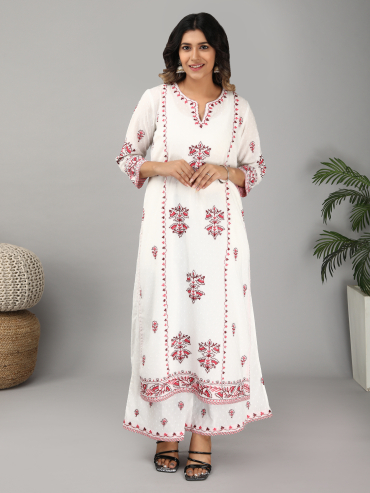 Off-White Cotton Dobby Kurta with Round Neck & Red Aari Embroidery, Palazzo & Dupatta Set of 3