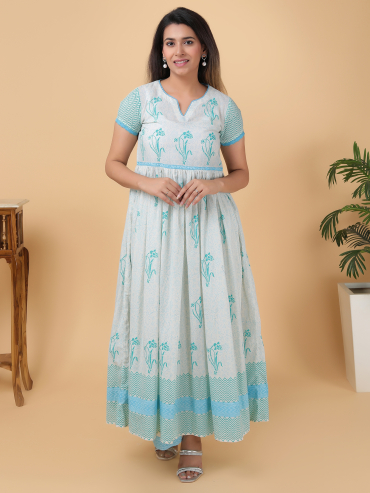 Sky-Blue Hand Block Printed Round Neck, Front Slit & 1/4 Sleeve Cotton Kurta , Palazzo & Dupatta Set of 3