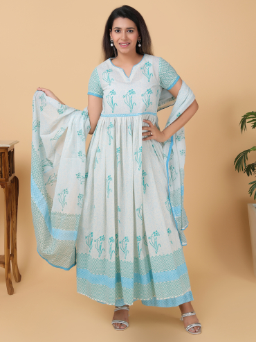 Sky-Blue Hand Block Printed Round Neck, Front Slit & 1/4 Sleeve Cotton Kurta , Palazzo & Dupatta Set of 3