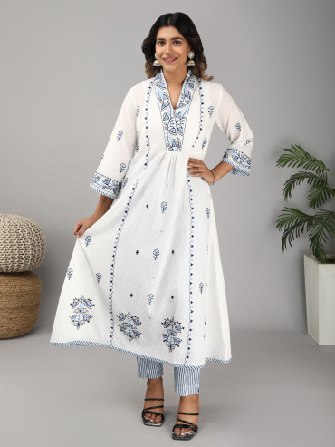 V-Neck Off-White Blue Cotton Dobby Kurta, Pant & Dupatta Set of 3