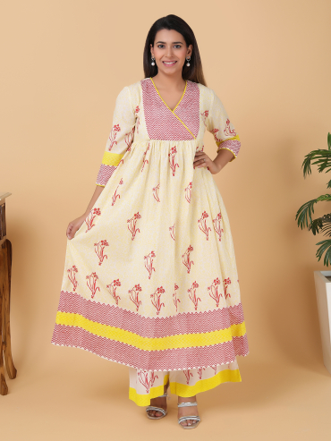 Red-Yellow Hand Block Printed Yoke Cotton Kurta , Palazzo & Dupatta Set of 3