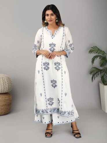 Off-White Cotton Dobby Kurta with Round Neck & Blue Aari Embroidery, Palazzo & Dupatta Set of 3