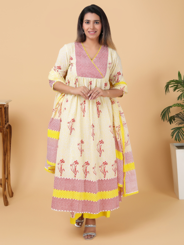 Red-Yellow Hand Block Printed Yoke Cotton Kurta , Palazzo & Dupatta Set of 3