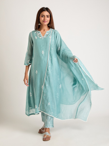 Sky Blue Aari Embroidered Chanderi Silk Dupatta