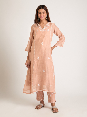 Brown Aari Embroidered & Sequins Round Neck Chanderi Silk Kurta with Slip and Pants- Set of 2
