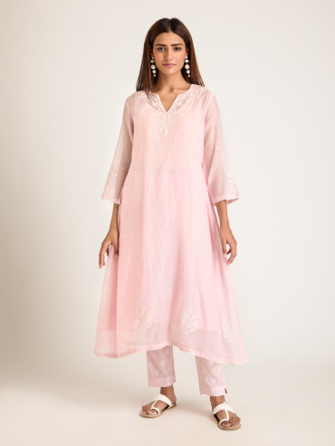 Pink Aari Embroidered & Sequins Round Neck Chanderi Silk Kurta with Slip and Pants- Set of 2