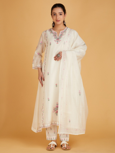 Off-White Pink Aari Embroidered Chanderi Silk Dupatta