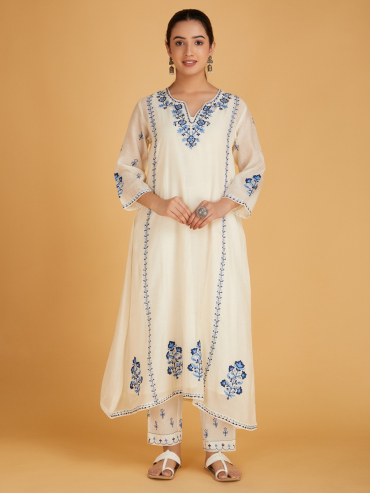 Off-White Blue Aari Embroidered Chanderi Silk Kurta with Slip and Pants- Set of 2