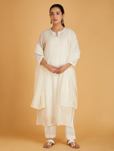 Off-White Aari Embroidered Chanderi Silk Dupatta