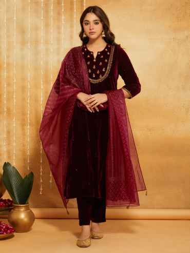 Purple Hand Block Printed Viscose Organza Dupatta with Tassel