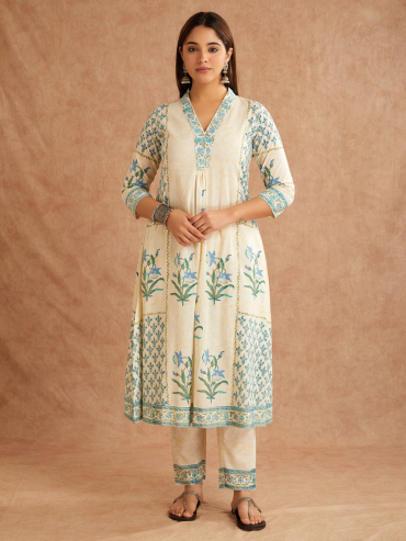 Off-White Blue Hand Block Printed Cotton V-Neck Kurta with Pants - Set of 2