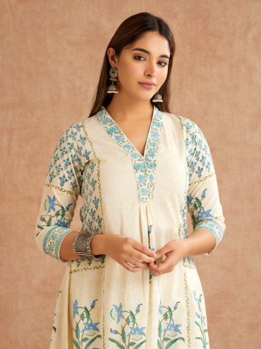 Off-White Blue Hand Block Printed Cotton V-Neck Kurta with Pants - Set of 2
