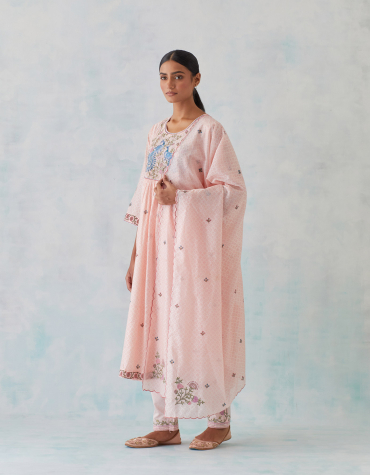 Pink Peacock Embroidered Chanderi Kurta with Embroidered Cotton Pant & Printed Chanderi Dupatta Set of 3