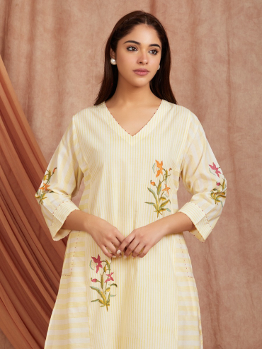 Off-White Yellow Hand Block Printed Cotton V-Neck Kurta with Pants - Set of 2
