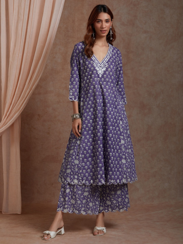 Purple Mirror Embroidered & Hand Block Printed Cotton V-Neck Suit - Set of 2