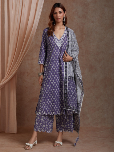 Purple Mirror Embroidered & Hand Block Printed Cotton V-Neck Suit - Set of 2