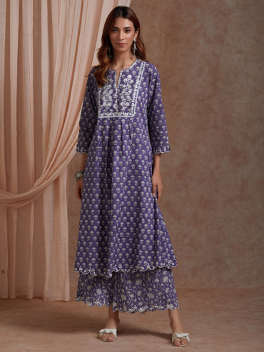 Purple Mirror Embroidered & Hand Block Printed Cotton Front Pleated Round Neck Suit- Set of 2