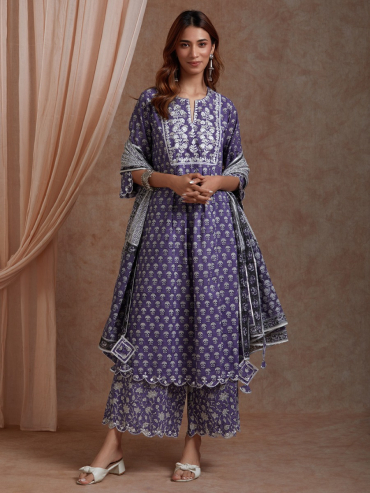 Purple Mirror Embroidered & Hand Block Printed Cotton Front Pleated Round Neck Suit- Set of 2