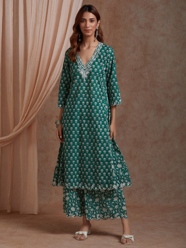 Green Hand Block Print Cotton Dupatta with Gota Details