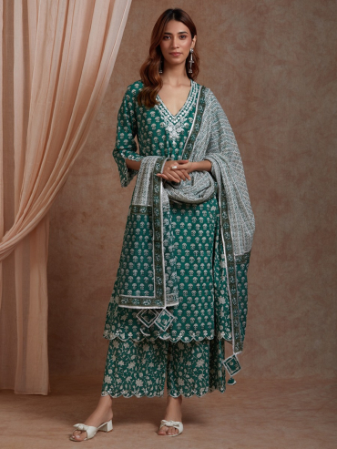 Green Hand Block Print Cotton Dupatta with Gota Details