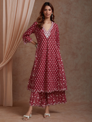 Red Mirror Embroidered & Hand Block Printed Cotton V-Neck Suit - Set of 2