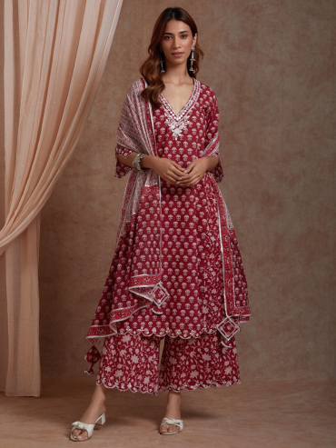 Red Mirror Embroidered & Hand Block Printed Cotton V-Neck Suit - Set of 2