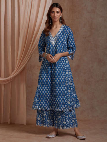 Blue Hand Block Print Cotton Dupatta with Gota Details